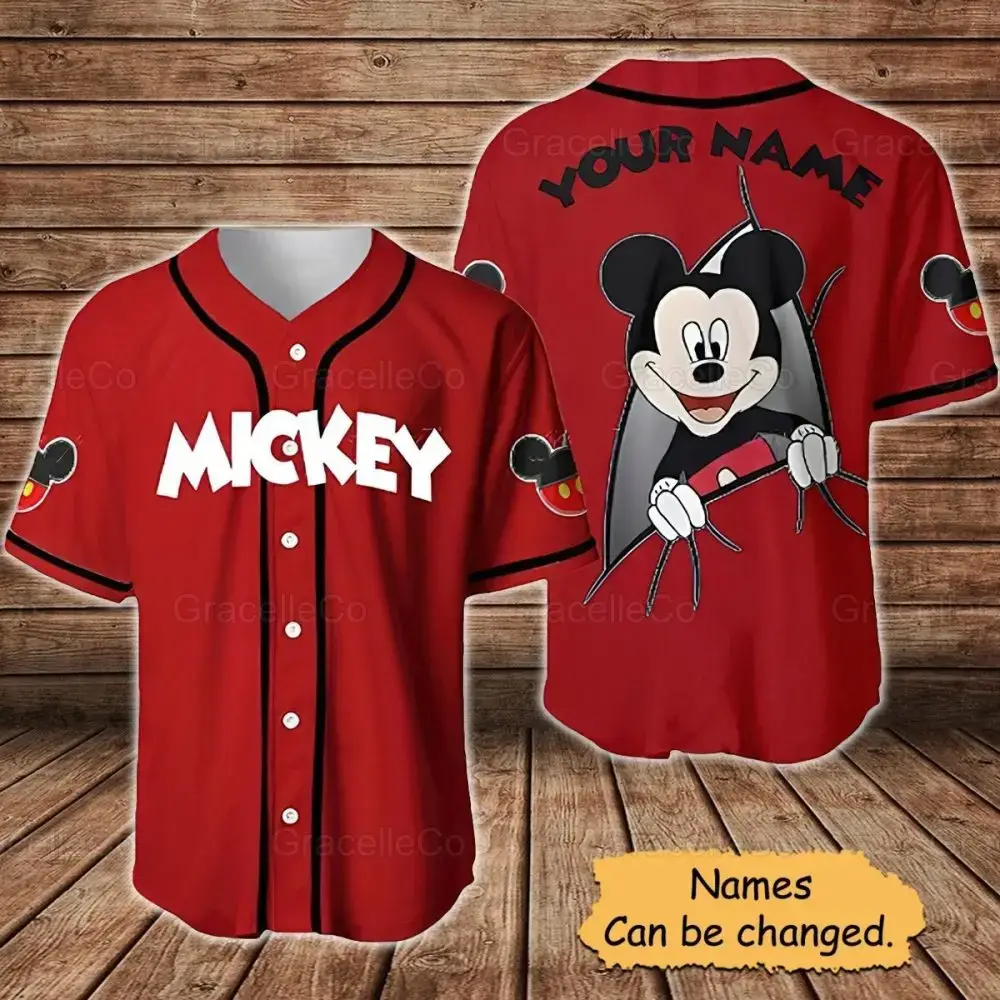 Customizable Mickey Baseball Jersey - Personalized Name, Red, Fun Disney Design Image