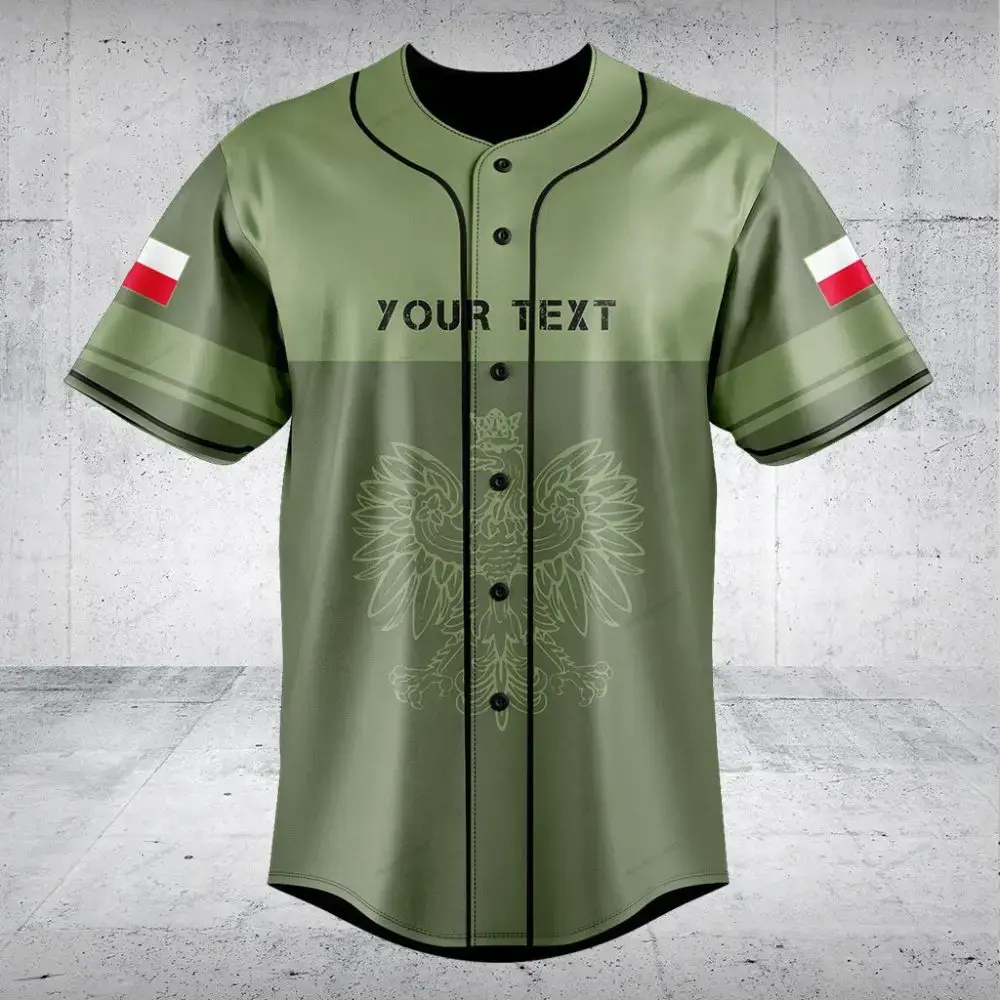 Customizable Military Green Baseball Jersey With Polish Flag & Eagle Design - Personalized Text Image