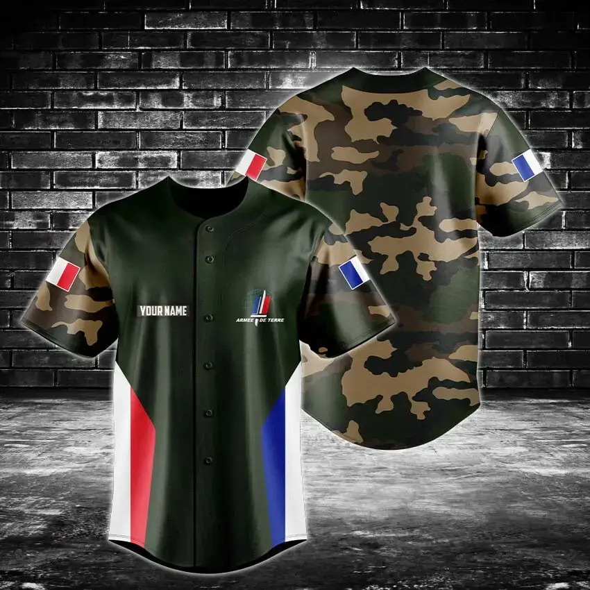 Customizable Military Style Baseball Jersey - Camouflage Design With Flag Accents Image