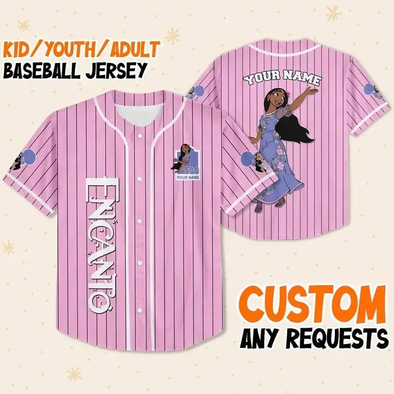 Customizable Pink Baseball Jersey For Kids/Youth/Adults Featuring Encanto Design Image