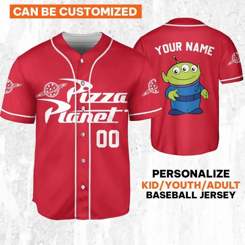 Customizable Pizza Planet Baseball Jersey - Kids/Youth/Adult Sizes - Add Your Name! Image