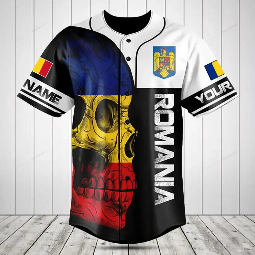 Customizable Romania Flag Skull Baseball Jersey - Unique Design & Personalization Image