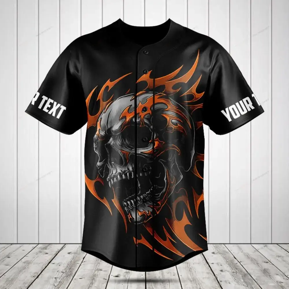 Customizable Skull Flames Baseball Jersey - Bold Black & Orange Design For Men Image