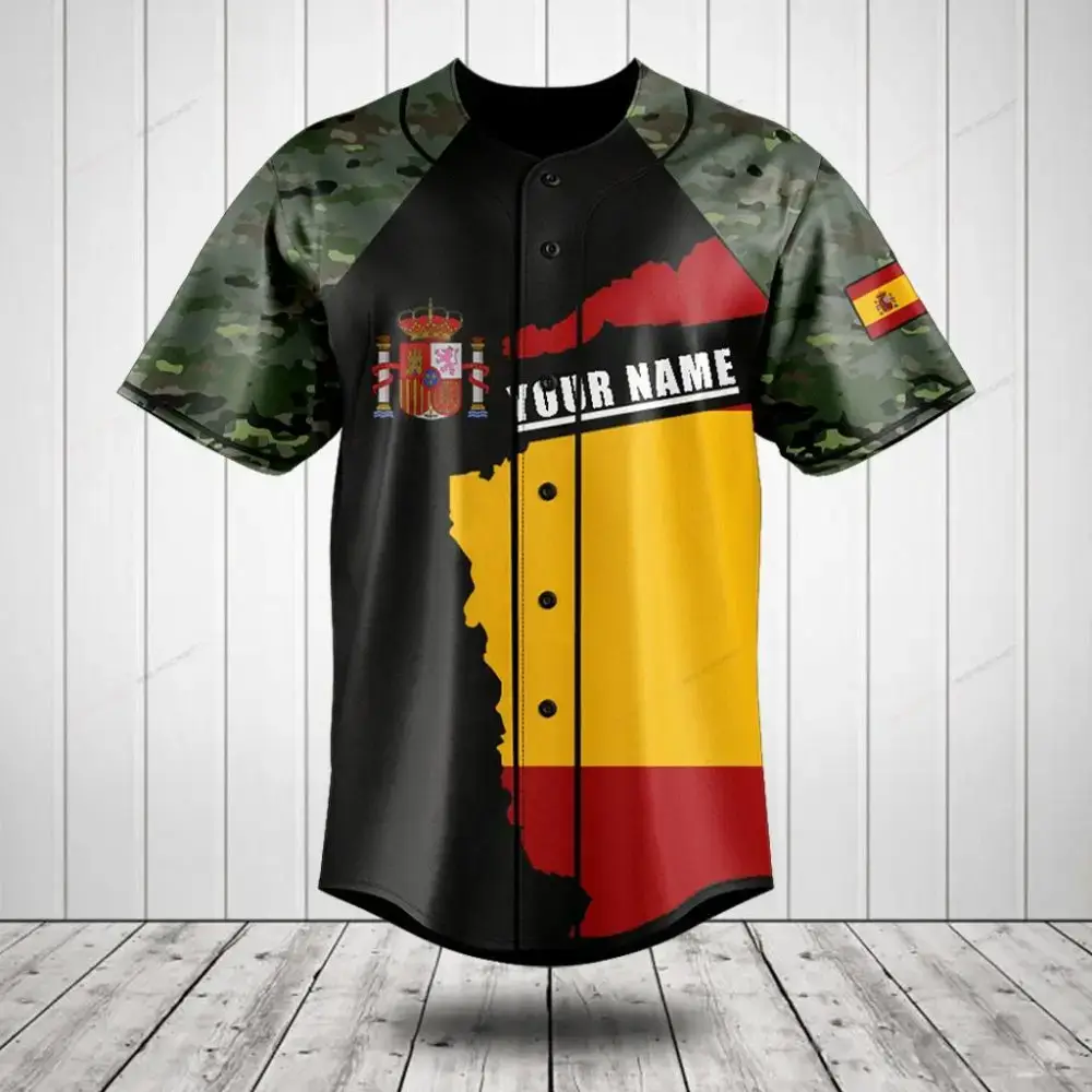 Customizable Spanish Flag Camouflage Baseball Jersey - Personalized Sportswear Gift Image