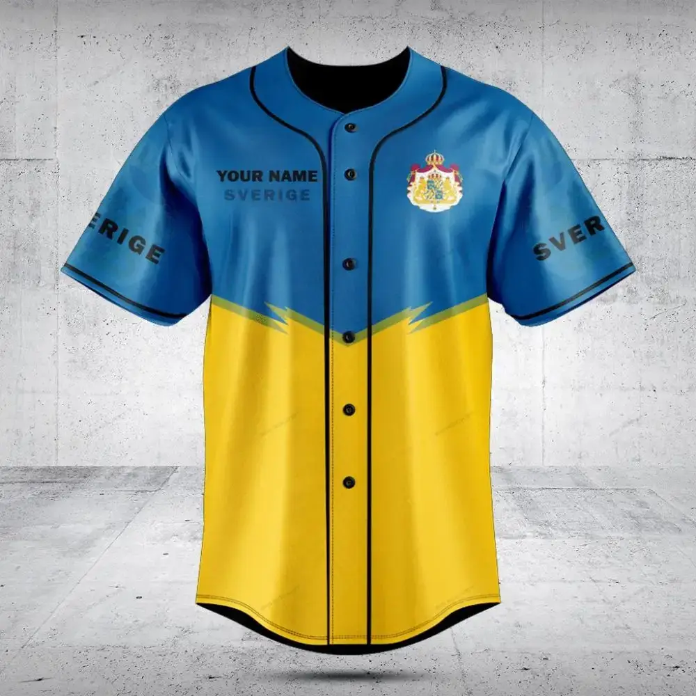 Customizable Sweden Baseball Jersey – Personalized Name & Number – Stylish Blue & Yellow Design Image