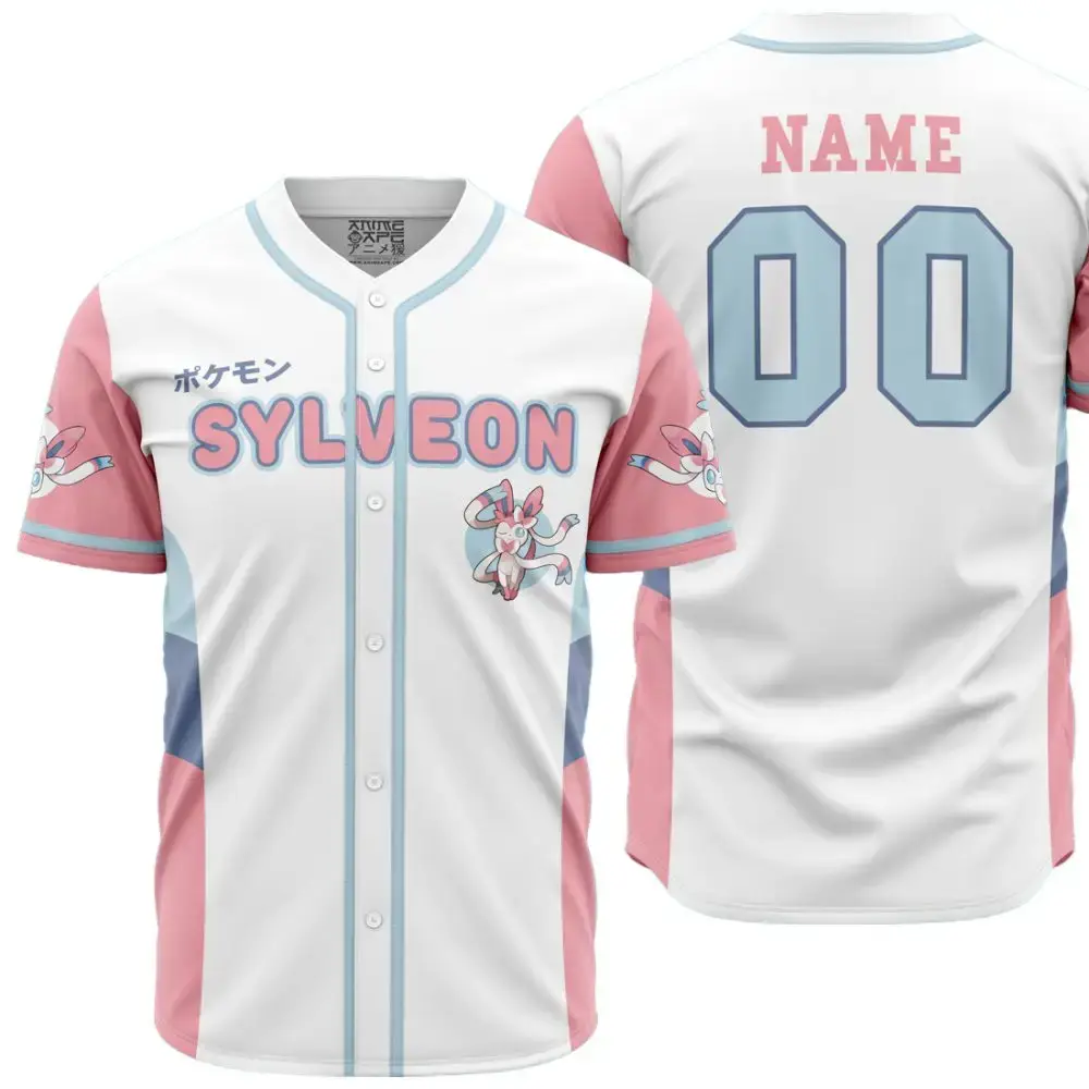 Customizable Sylveon Baseball Jersey - Pink & White Design For Fans Image