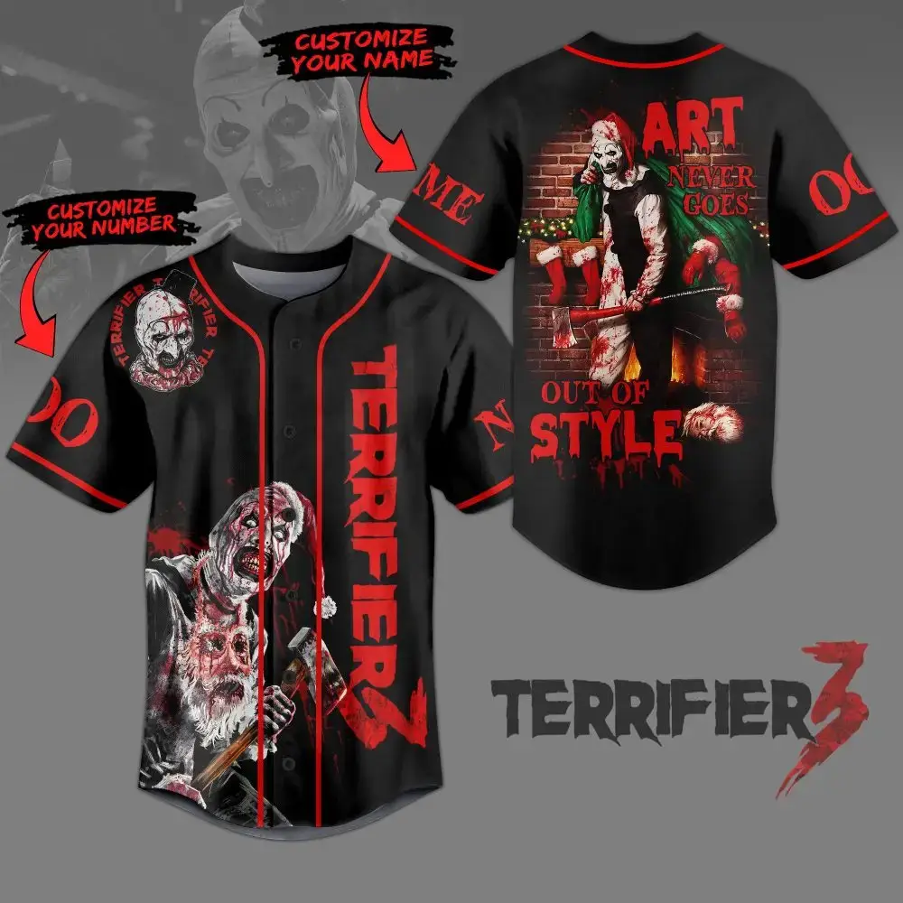 Customizable Terrifier 3 Horror Baseball Jersey – Unique Art Style, Personalize With Name & Number! Image