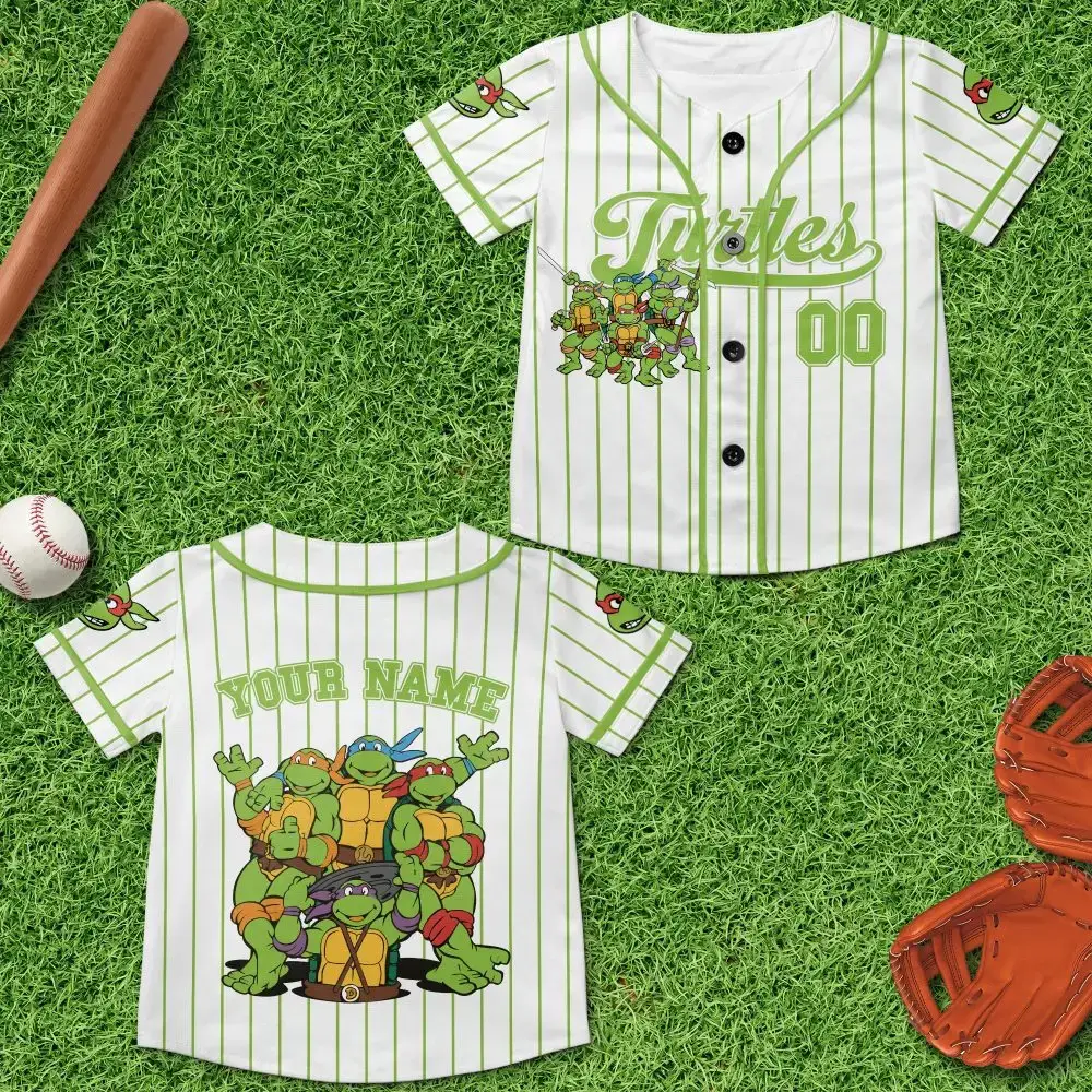Customizable Turtle Baseball Jersey For Kids – Fun Cartoon Design, Perfect Gift! Image
