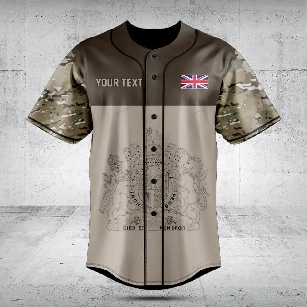 Customizable Uk Flag Baseball Jersey With Camo Sleeves - Stylish & Unique Design Image