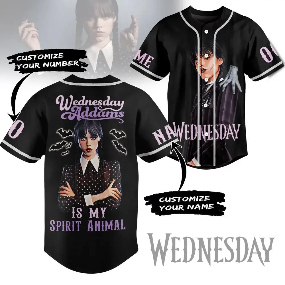 Customizable Wednesday Addams Baseball Jersey - Personalized Name & Number - Unique Gothic Style Image