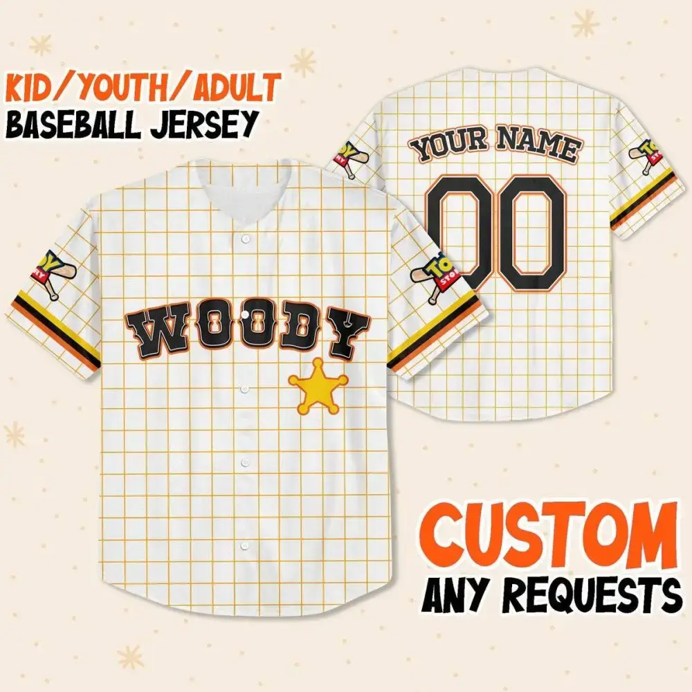 Customizable Woody Baseball Jersey - Kids, Youth & Adults - Personalize Name & Number! Image