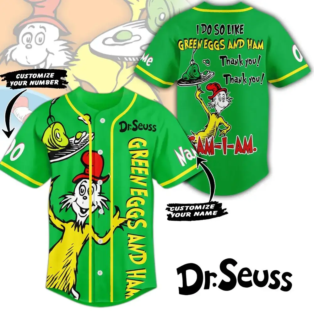 Customize Your Dr. Seuss Green Eggs And Ham Baseball Jersey - Personalized Name & Number! Image