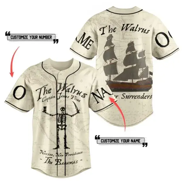 Customize Your Pirate Baseball Jersey - Vintage Ship & Skeleton Design – Personalize Name & Number! Image
