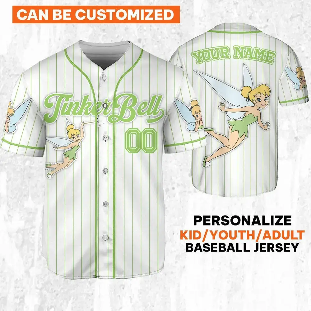 Customize Your Tinkerbell Baseball Jersey – Kids/Youth/Adult Sizes Available! Image