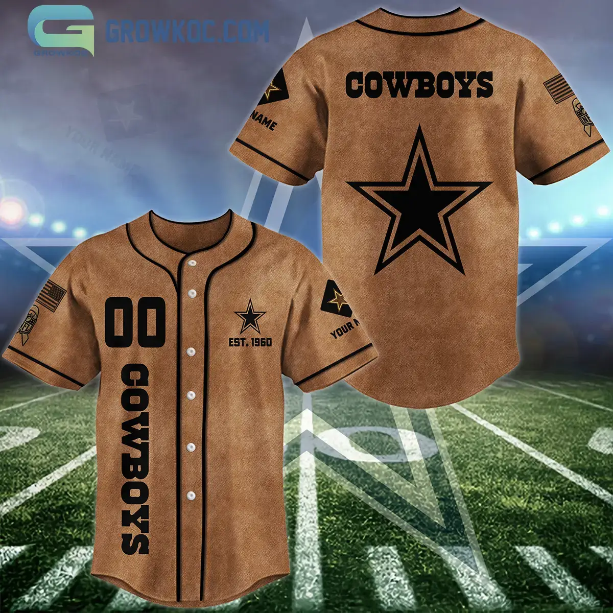 Dallas Cowboys Brown American Flag Personalized Baseball Jersey Image