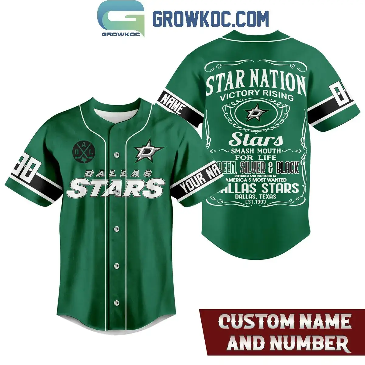 Dallas Stars Star Nation Green Silver Black Personalized Baseball Jersey Image
