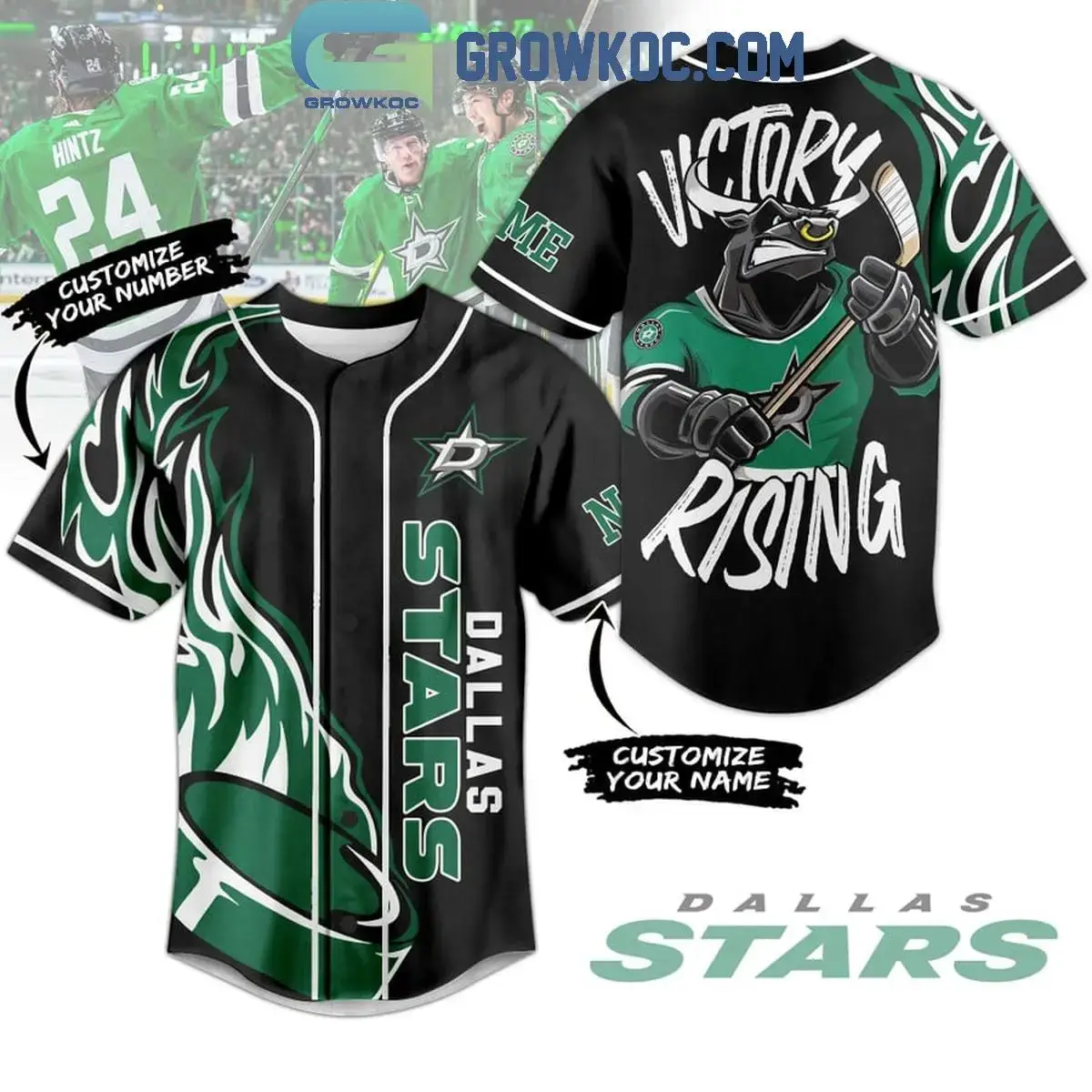 Dallas Stars Victory Rising Flame Personalized Baseball Jersey Image