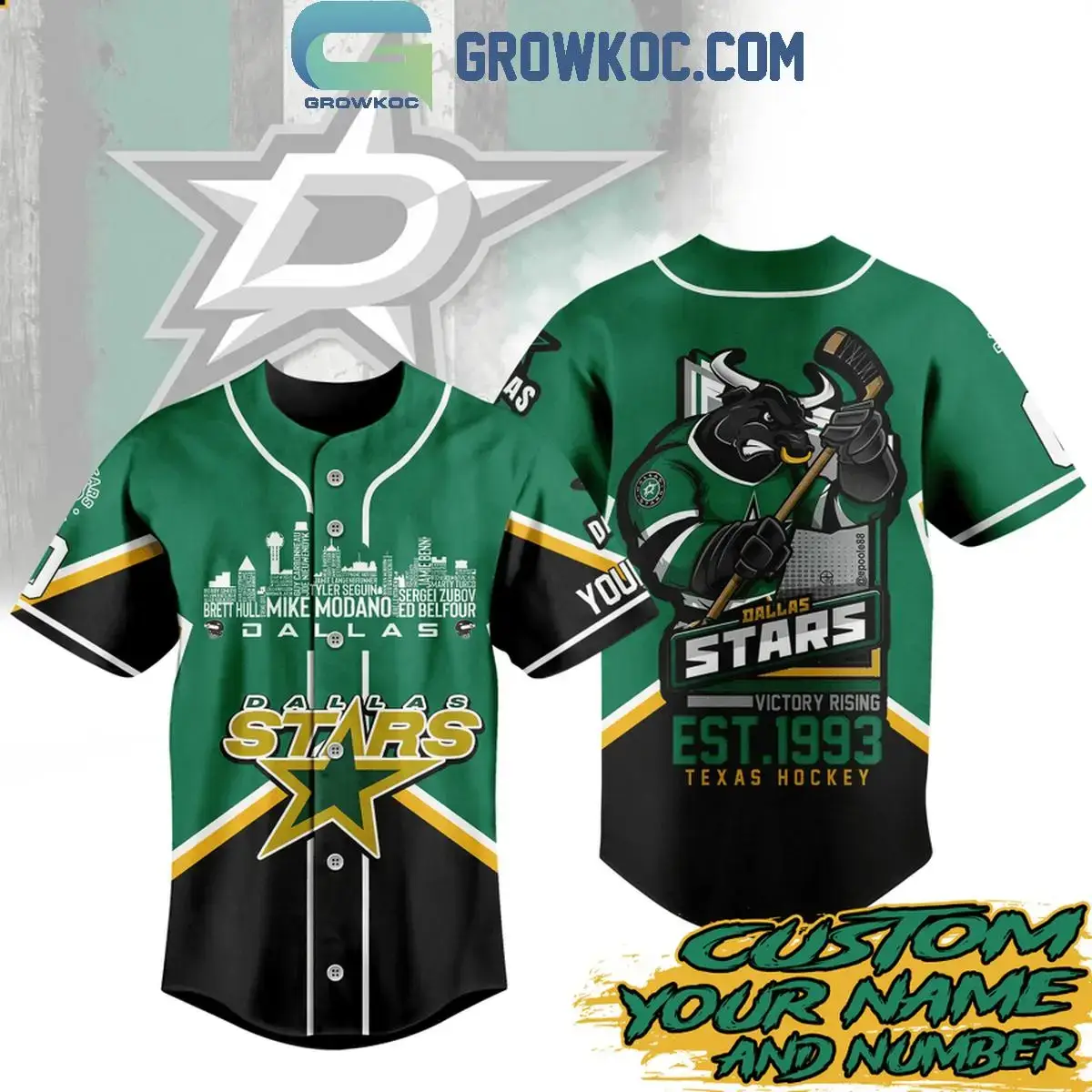 Dallas Stars Victory Rising Texas Hockey Est. 1993 Personalized Baseball Jersey Image