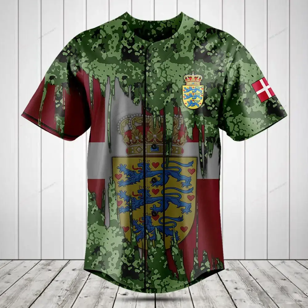Danish Pride Camo Baseball Jersey - Stylish Flag And Crest Design Tee Image