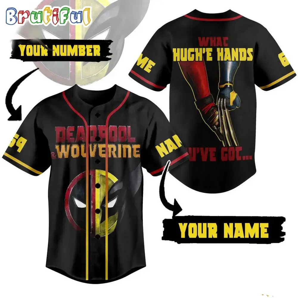 Deadpool 3 Jersey Shirt, Deadpool And Wolverine What Hugh’e Hands You’ve Got Baseball Jersey Image