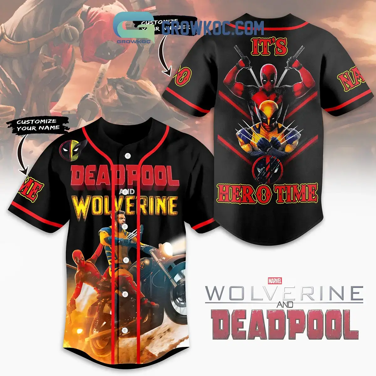Deadpool Wolverine It's Hero Time Personalized Baseball Jersey Image