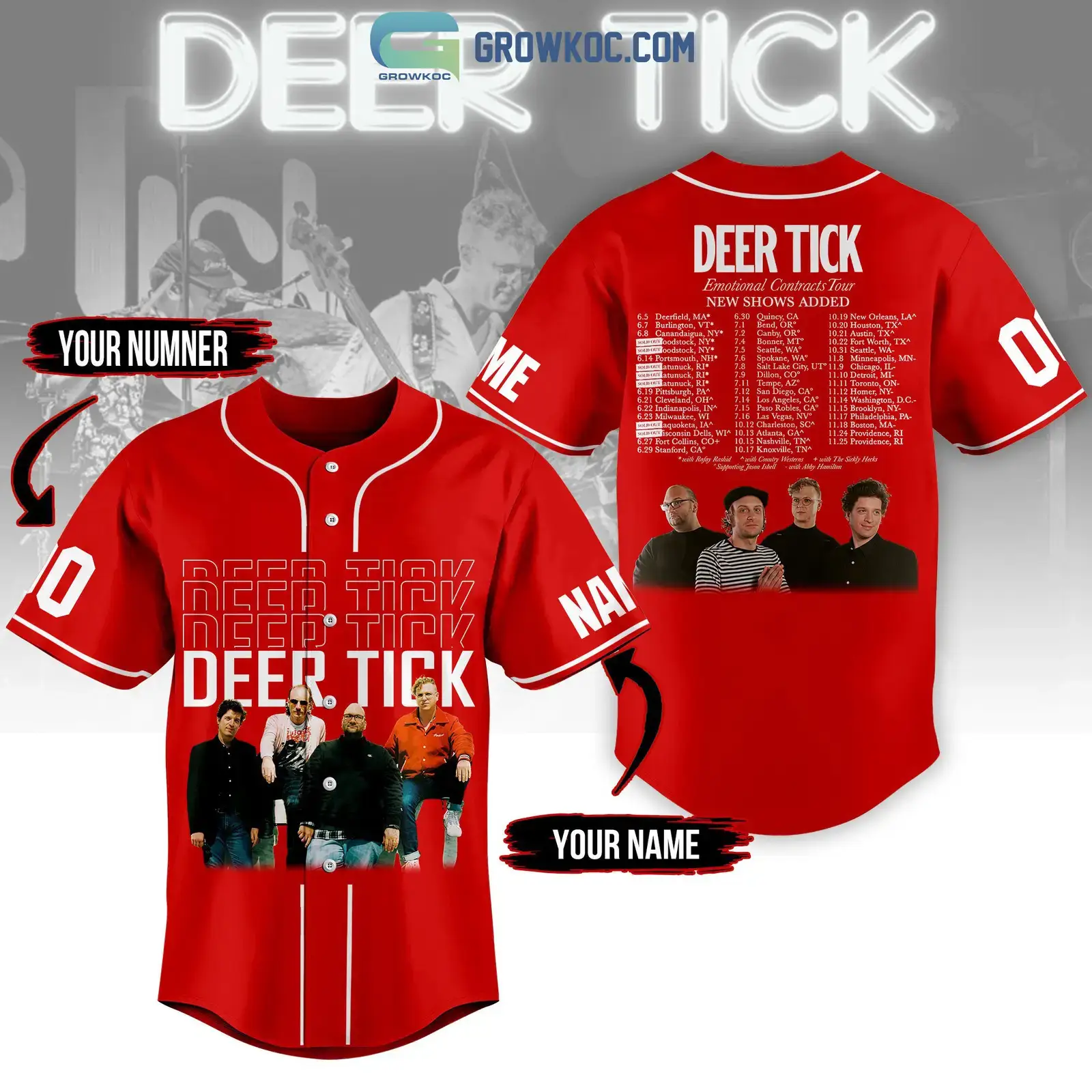 Deer Tick Emotional Contracts Tour Personalized Red Design Baseball Jersey Image