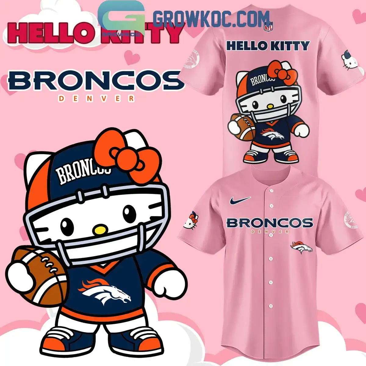 Denver Broncos Hello Kitty In Pink Love Baseball Jersey Image