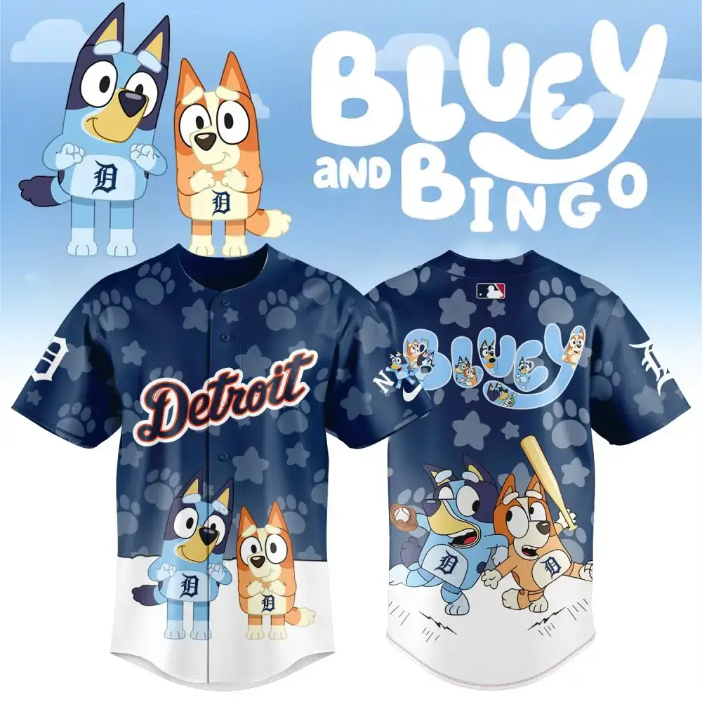 Detroit Bluey & Bingo Baseball Jersey For Kids – Fun Cartoon Design! Image