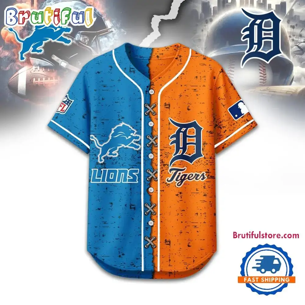 Detroit Lions Mix Detroit Tigers Sporty New Design Baseball Jersey Image