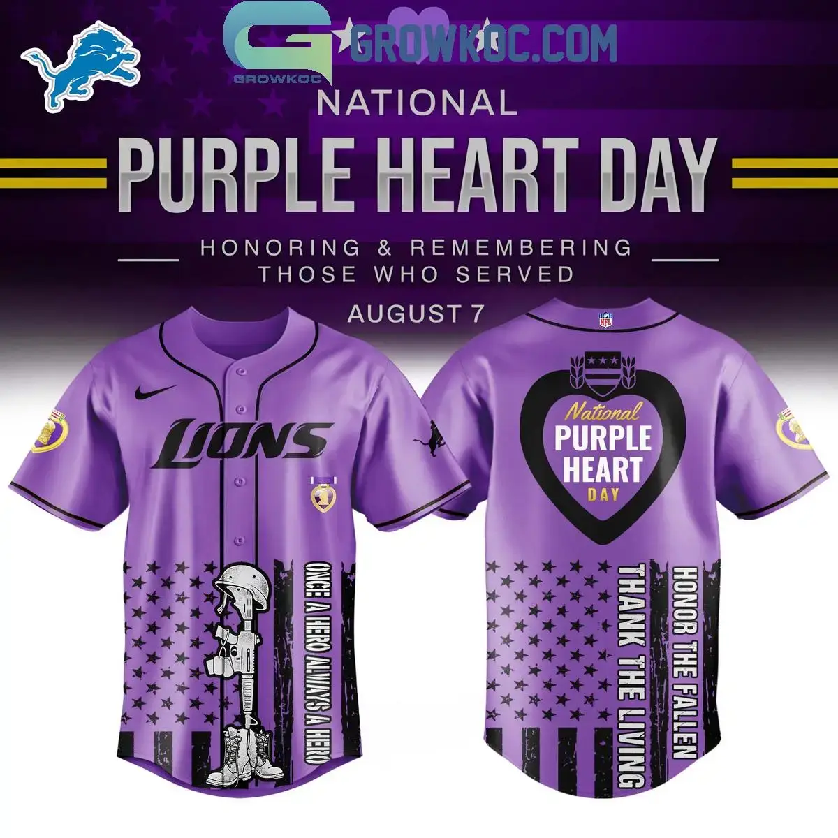 Detroit Lions Purple Heart Day 2025 Baseball Jersey Image