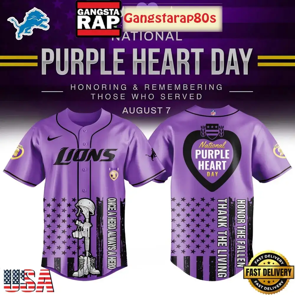 Detroit Lions Purple Heart Day 2025 Unique Design Baseball Jersey Image