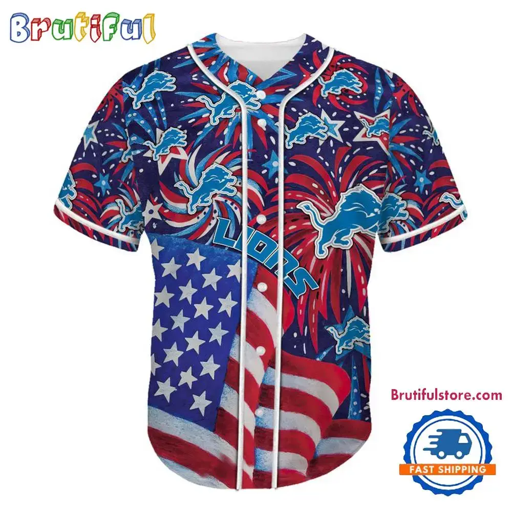 Detroit Lions USA Flag Independence Day Baseball Jersey, Sport Team 4th of July Jersey Image