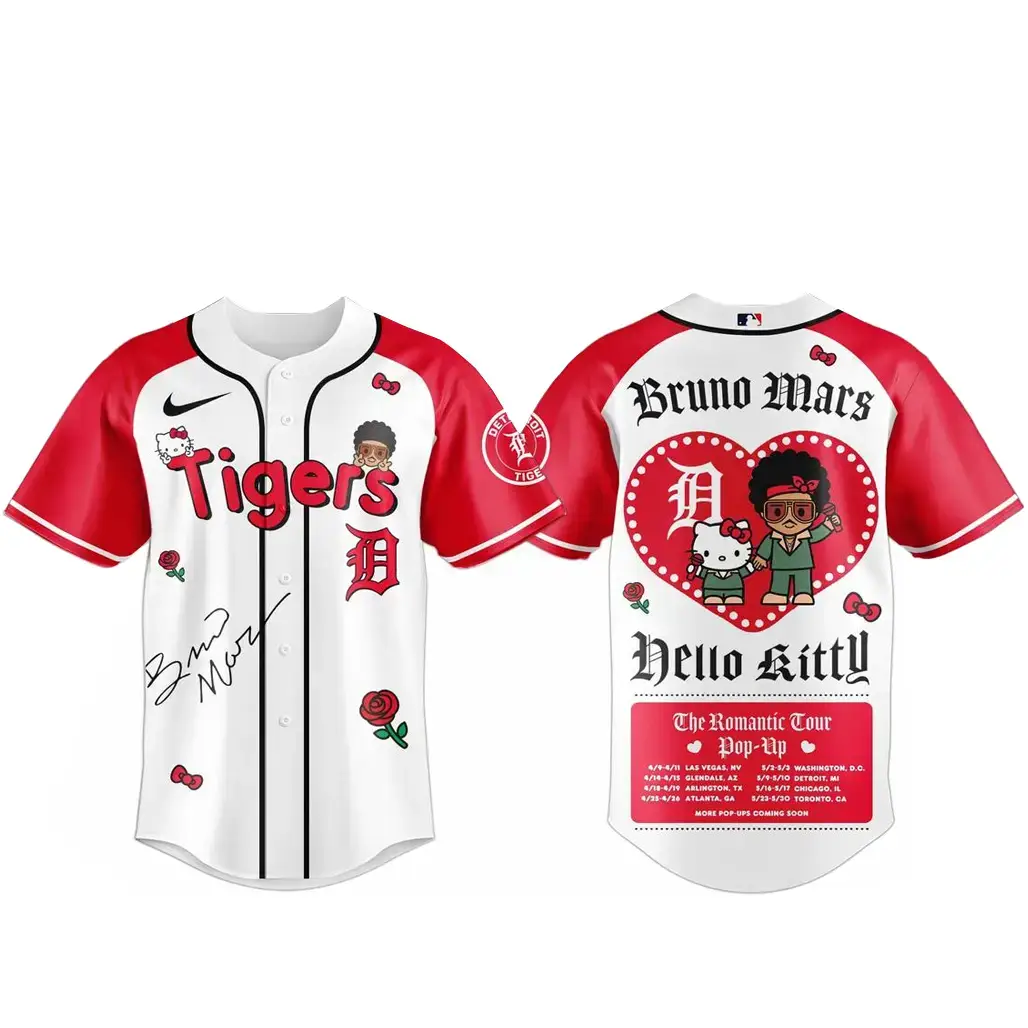 Detroit Tigers Bruno Mars x Hello Kitty 2026 The Romantic Tour Baseball Jersey Image