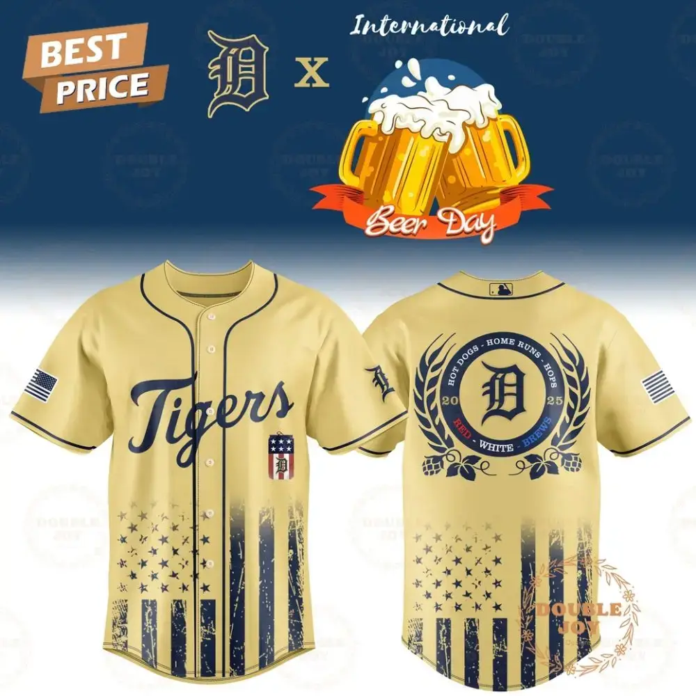 Detroit Tigers International Beer Day "Hot Dogs-Home Runs-Hops" 2025 Red-White-Brews Limited Edition Baseball Jersey Image