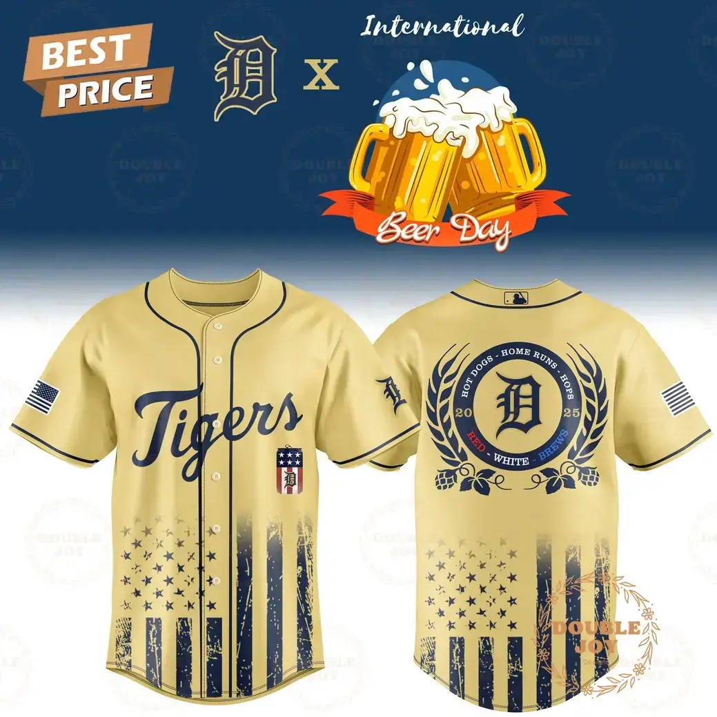 Detroit Tigers International Beer Day "Hot Dogs-Home Runs-Hops" 2025 Red-White-Brews Limited Edition Baseball Jersey Image