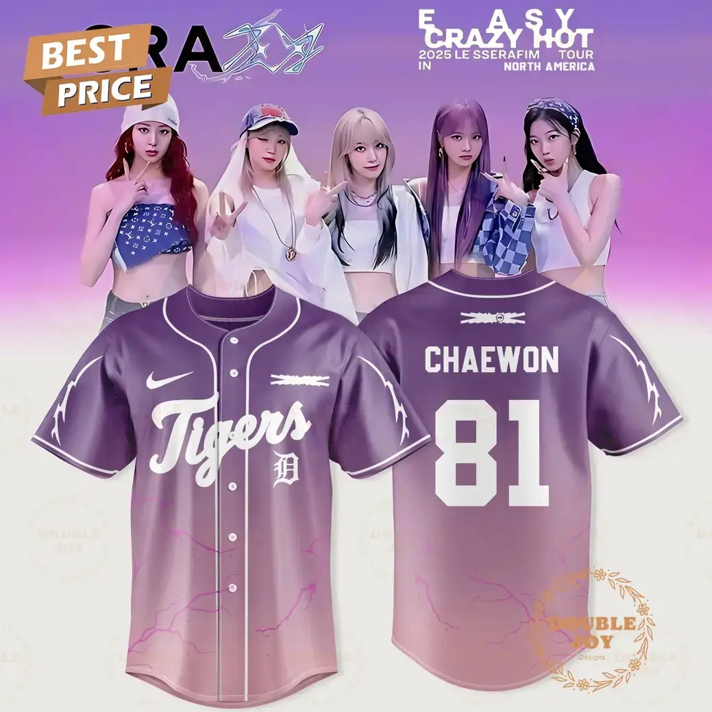 Detroit Tigers x LE SSERAFIM-Chaewon 2025 Tour Easy Crazy Hot Violet Baseball Jersey Image