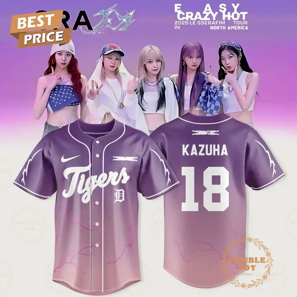 Detroit Tigers x LE SSERAFIM-Kazuha 2025 Tour Easy Crazy Hot Violet Baseball Jersey Image