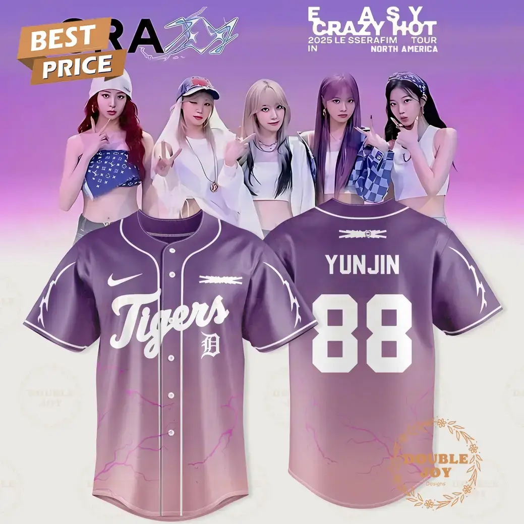Detroit Tigers x LE SSERAFIM-Yunjin 2025 Tour Easy Crazy Hot Violet Baseball Jersey Image