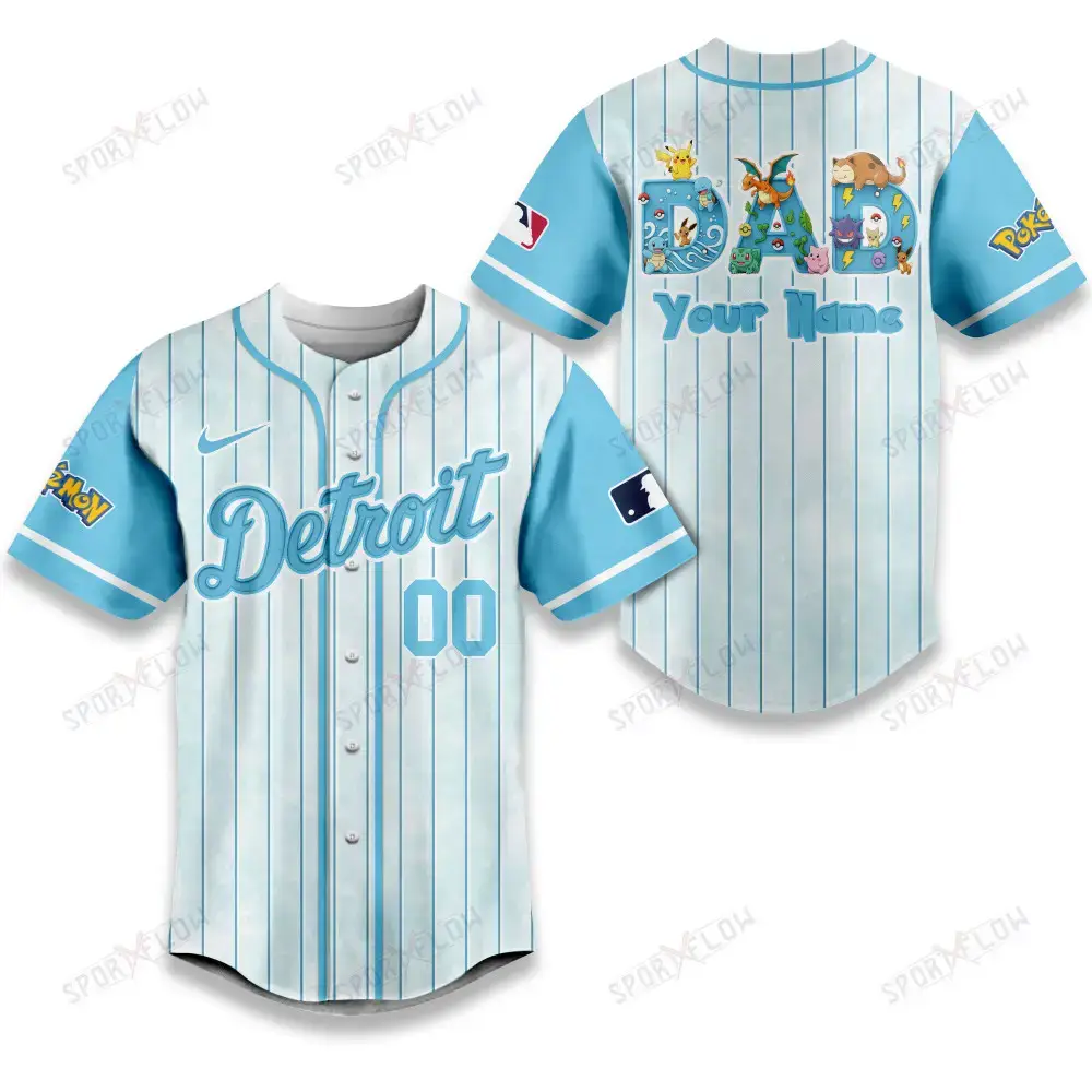 Detroit Tigers X Pokemon Dad Pastel Blue Baseball Jersey Image
