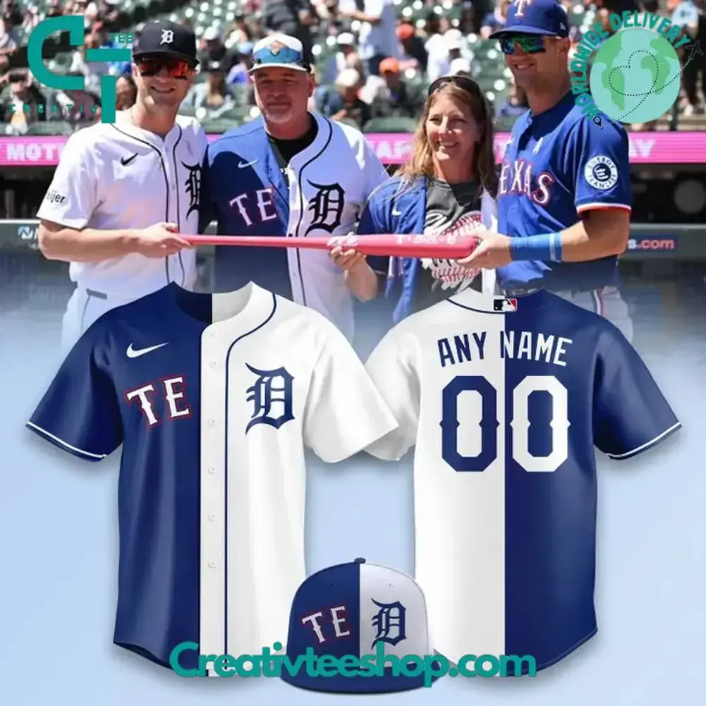 Detroit Tigers X Texas Rangers Split Design Personalized Baseball Jersey Image