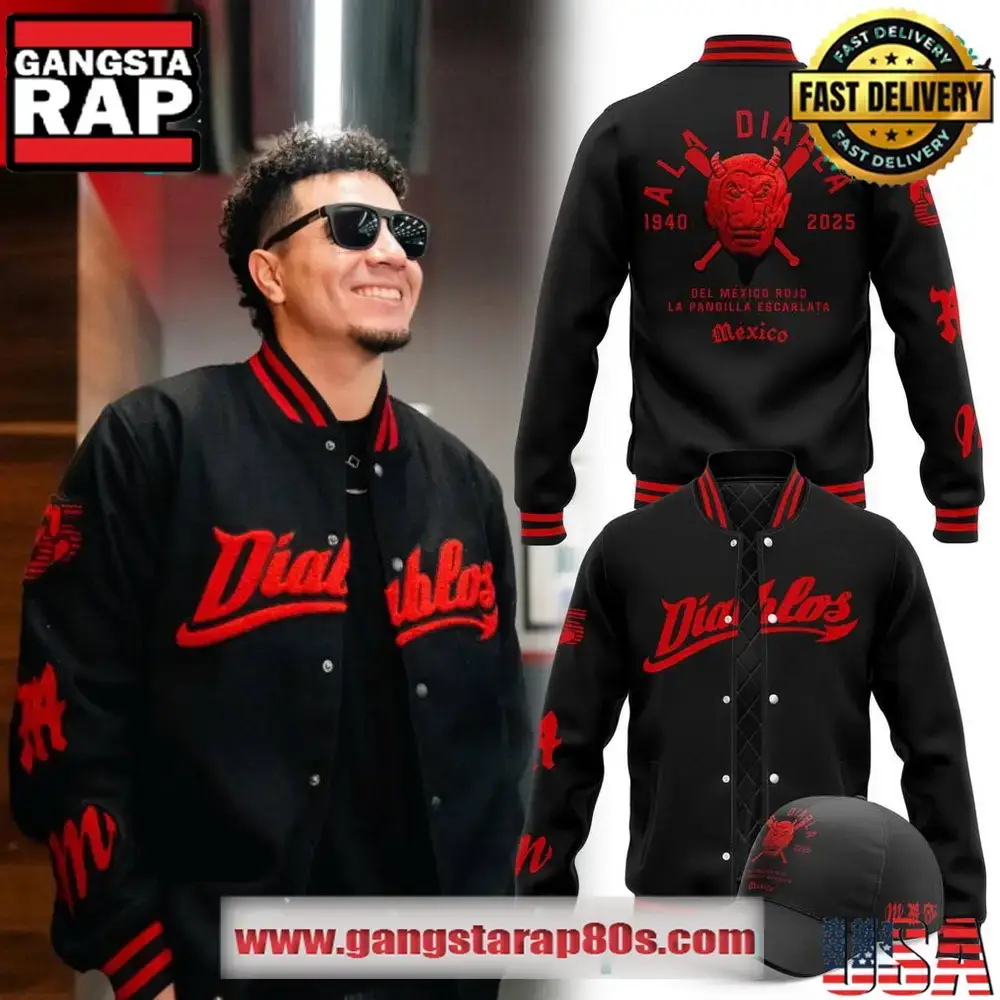 Diablos Rojos del Mexico Ala Diarla Special Edition Black Baseball Jacket Image