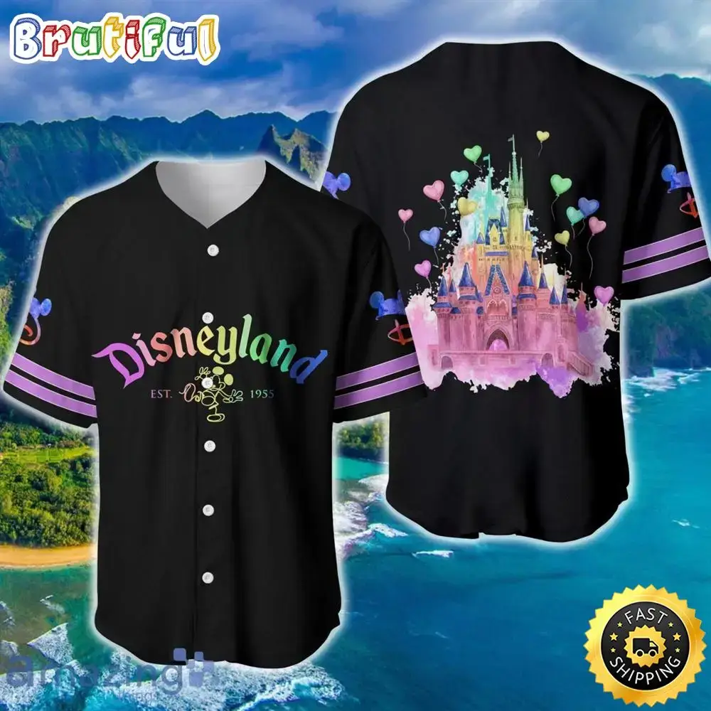 Disneyland Magic Kingdom Rainbow Black Disney Baseball Jersey Shirt Image