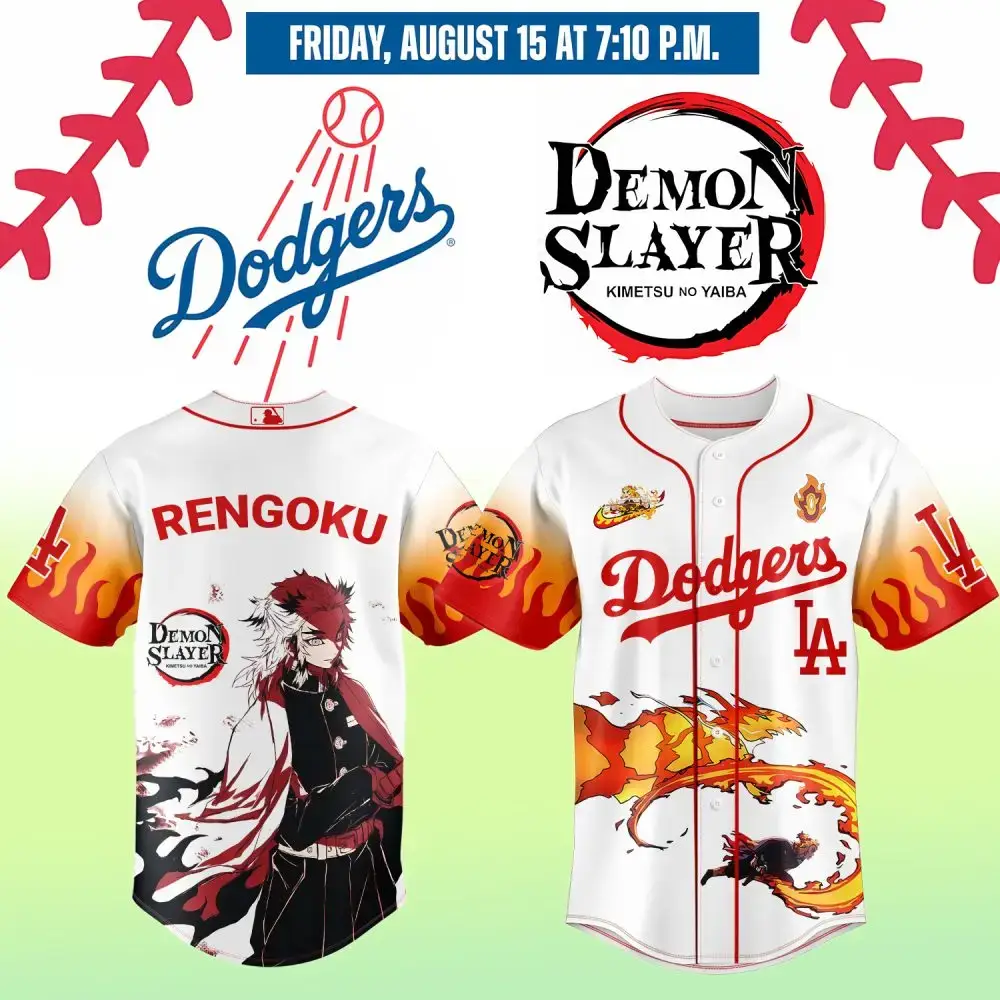 Dodgers X Demon Slayer Rengoku Baseball Jersey – Limited Edition Fan Gear Image