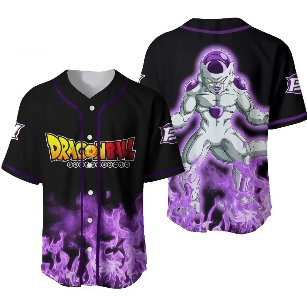 Dragon Ball Anime Baseball Jersey – Frieza Design, Black & Purple Flames, Unisex Image