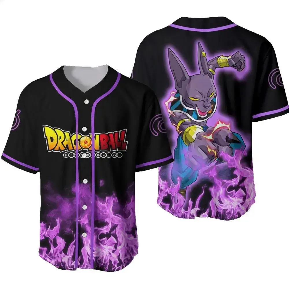 Dragon Ball Anime Baseball Jersey - Beerus Design, Unisex, Black & Purple - Perfect Gift For Fans! Image