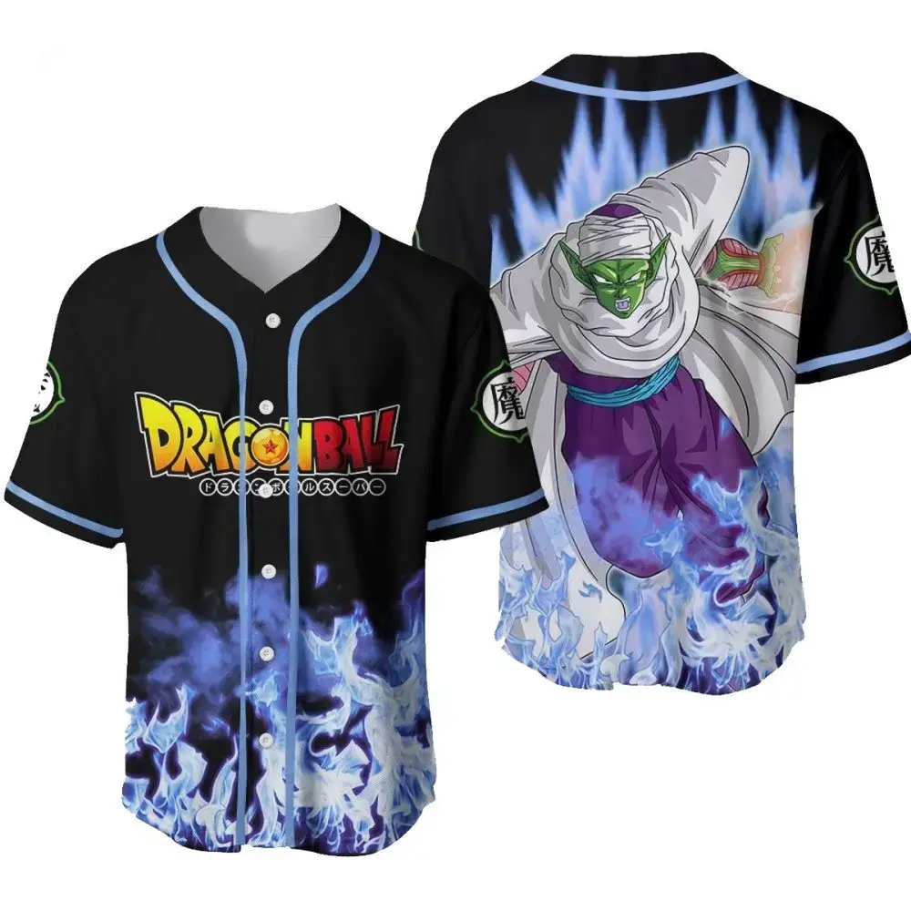 Dragon Ball Anime Baseball Jersey - Piccolo Design, Black & Blue Flame, Unisex Image