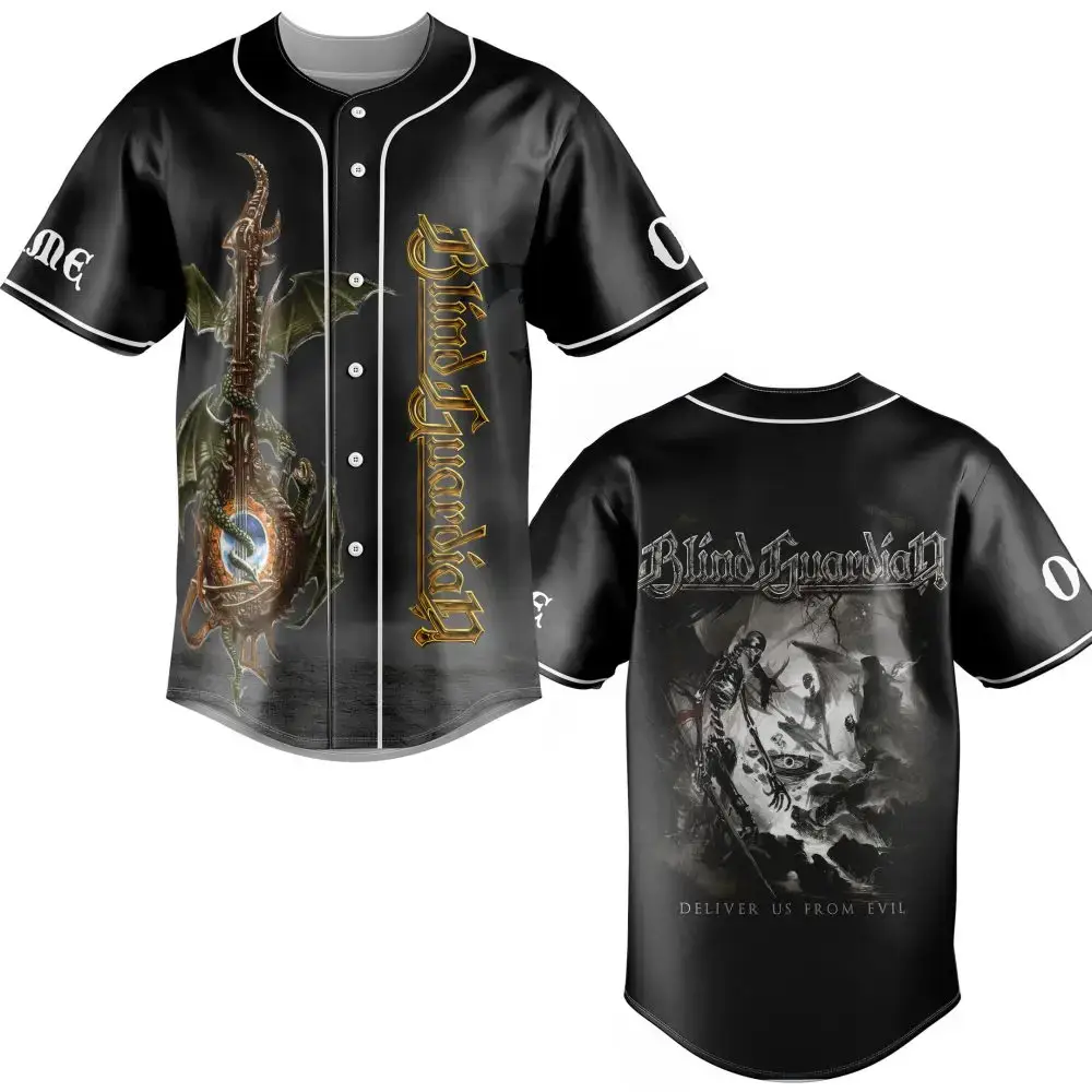 Epic Blind Guardian Baseball Jersey - Dragon & Skeleton Design - Perfect For Metal Fans Image