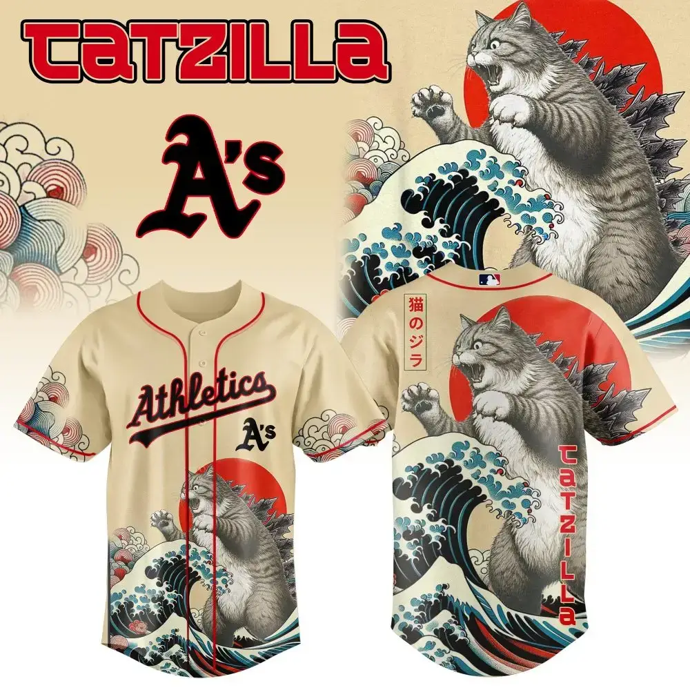 Epic Catzilla Baseball Jersey - Athletic A'S Roaring Cat Graphic Tee Image