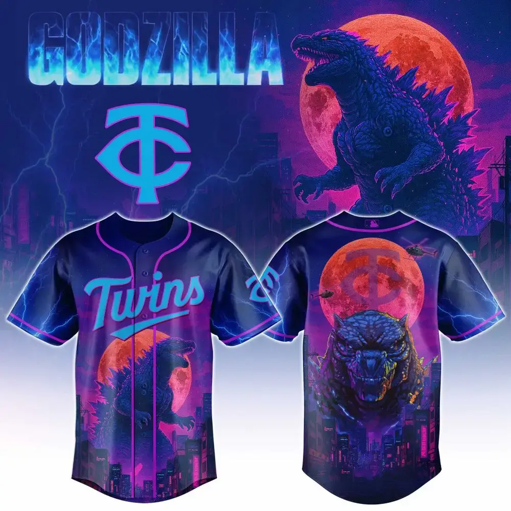 Epic Godzilla Baseball Jersey - Vibrant Twins Design, Perfect For Fans! Image
