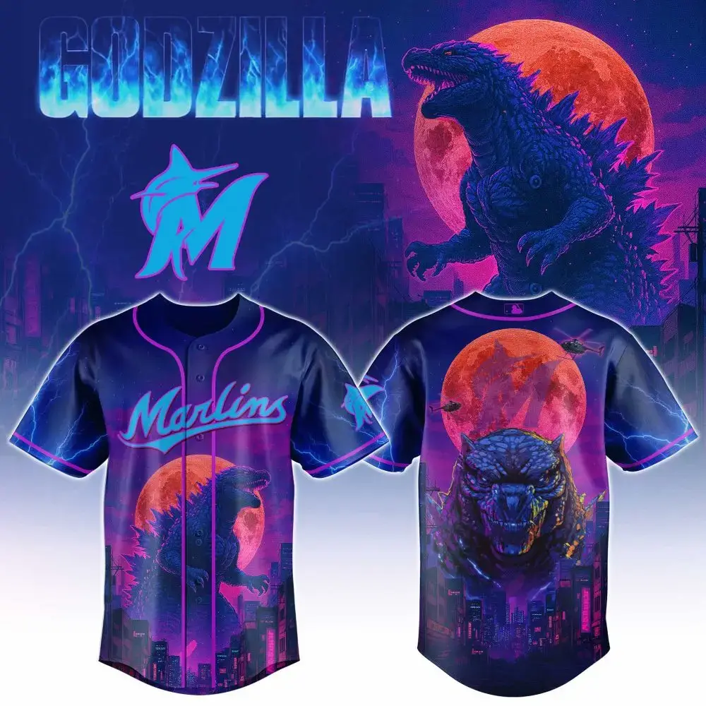 Epic Godzilla Cityscape Baseball Jersey - Neon Marlins Design, Perfect For Fans! Image